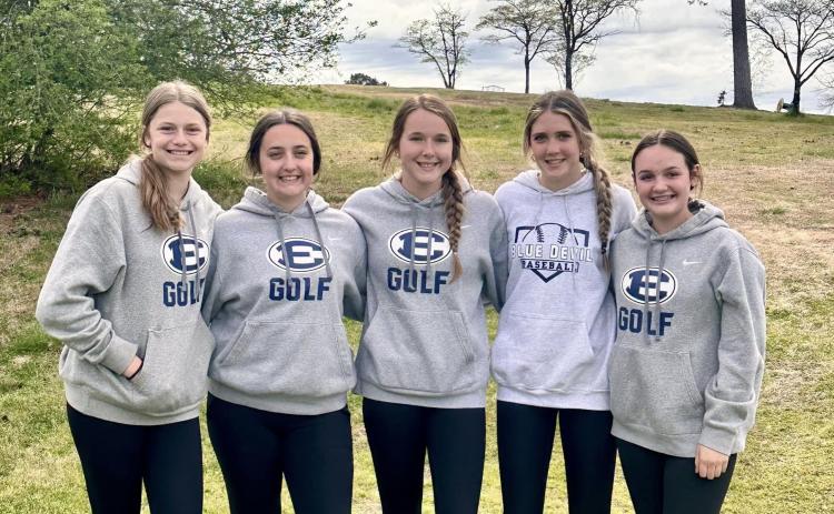 The Elbert County Middle School Lady Rams Golf team poses for a picture after the March 28 region championship match after posting a third-place finish. (Photo courtesy of Larry Kesler)