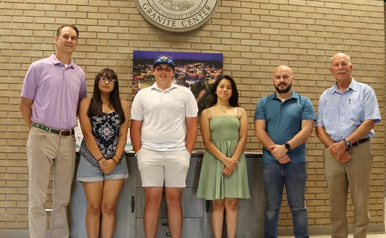 Meeting at City Hall for the 2024 Sister City Exchange proclamation issued June 14 are (L-R) Mayor Daniel Graves, Naomi Bernal, Walker Lane, Daniella Alcade, Dustin Ayers and Chairman of the Elberton Sister City program Tom Evans. (Photo by Weeks)