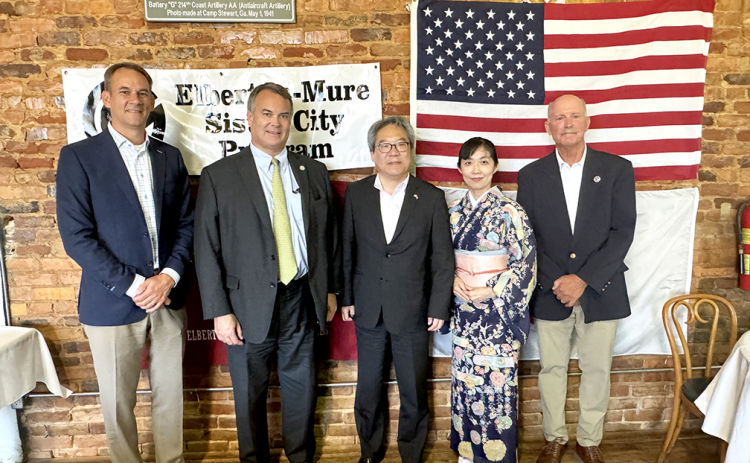 (L-R) Elberton Mayor Daniel Graves, Representative Rob Leverett, Consul General of Japan Mio Maeda, his wife Mio Yamamoto Maeda, and Sister City Director Tom Evans attended the Sister City Farewell banquet at McIntosh Coffee Shoppe Tuesday, July 30 along with the program participants. (Photo by Evans)
