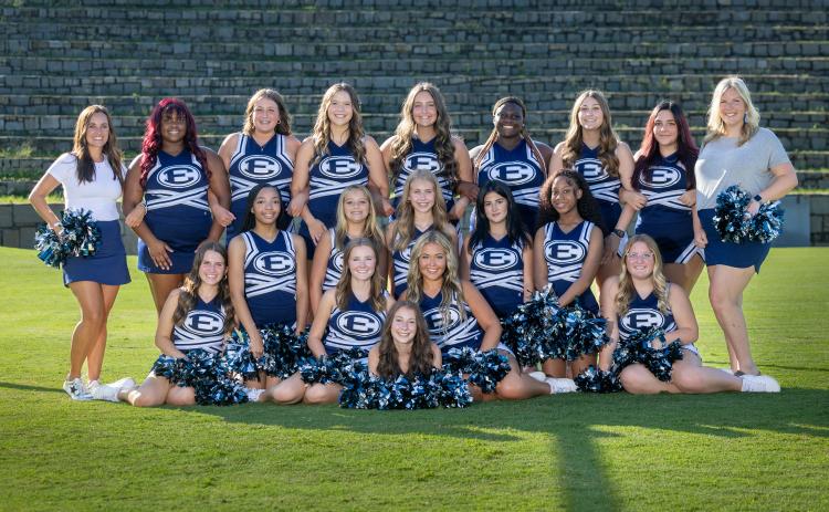 The 2024 Elbert County Varsity Football Cheerleading squad includes Lexie Agurs, Maiya Alcalde, Madeline Bellew, Isabella Belli, Alyssa Brown, Jamiya Brunson, Riley Grace Collier, Grace Dixon, Ki’Zora Hill, Isabel Hover, Chloe Hunt, Tori Jarvis, Lina Keblish, Sophie Lavender, McKinley Moss, Olivia Paramore and Sydney Walton. (Photo submitted by Mercer Harris Photography)
