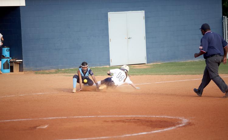 Miller Drake slides into third base after hitting a triple against Providence Christian Sept. 5. Drake finished with two runs and an RBI in Elbert’s region win over Oglethorpe Sept. 10.  (File photo by Wells)