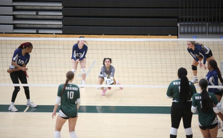 Lindsay Castro makes a leaning bump during Elbert’s match against Walnut Grove Aug. 29. (Photo by Wells)