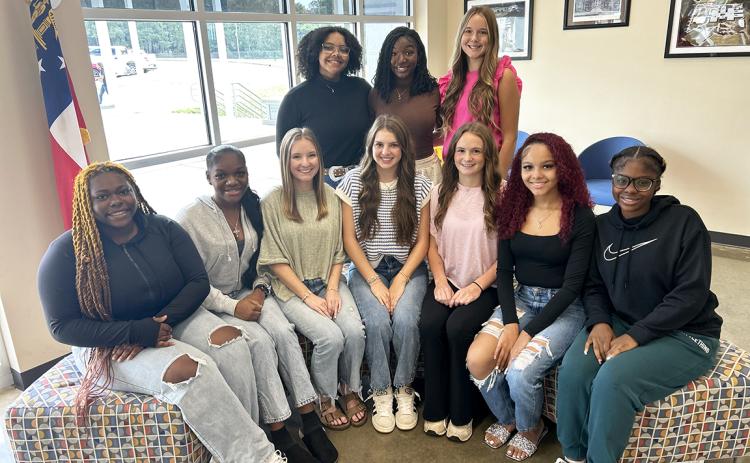 Senior court representatives (front row L-R)  Car'lexia Ardister, Zacheonna Tate, Tori Jarvis, Hannah Brady, Emily Booth, Keonna Johnson, Heaven Robinson. (Back row) Zuri Reid (junior class), Jurnee Porter (sophomore class) and Ella Harris (freshman class). (Photo submitted by Jeannie Jourolmon)