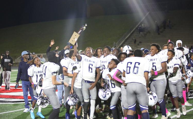 The Elbert County Middle School Rams celebrate their 28-21 win over the Stephens County Indians  Thursday, Oct. 17 in Toccoa. (Photo by Wells)