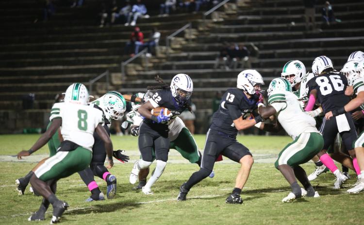 No. 22 Jacari Barnett follows lead blocker No. 13 Brady Dickerson during Elbert’s loss to Athens Academy Oct. 18. Barnett finished with 179-yards rushing and three touchdowns on 31 carries. (Photo by Wells)
