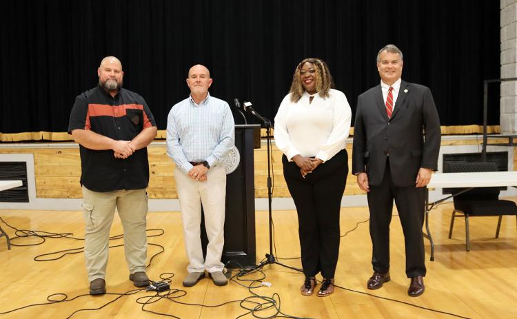 (L-R) Sheriff candidates Jamie Callaway (R) and Darren Scarborough (D) stand with District 123 candidates Hope Beard (D) and Rob Leverett (R) prior to the  2024 Candidate Forum sponsored by WSGC Radio and The Elberton Star. (Photo by Weeks)