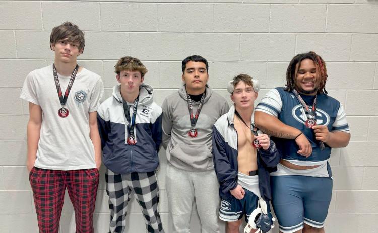 Hudson Fleming, Lane Fleming, Alvin Medellin, Cruz Floyd and M.J. Cook placed at the Panther Scramble hosted by Jackson County Nov. 9. (Photo courtesy of Elbert County Blue Devil Wrestling)