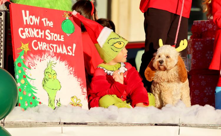 Dakota Johnson and "Max" represent "How the Grinch Stole Christmas," one of many "stories" featured on Dewy Rose Baptist Church's first place  parade entry in the annual Elberton Christmas parade held Dec. 8. (Photo by Weeks)