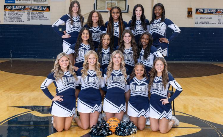The 2024-2025 varsity basketball cheerleaders include Riyahanna Ardister, Kendall Baston, Brylie Burdette, Jennifer Flores, Kelsie Hayes, Leah Higginbotham, Jaslyn Huff, Lila Layne, Cadence Noggle, Jurnee Porter, Brailey Sims, Bailee Starrett, Ja’Nydra Watts and Ijianah Whiten. The squad is coached by Head Coach Lexi Biggs and Assistant Coach Dayna Fortson. (Photo by Mercer Harris)