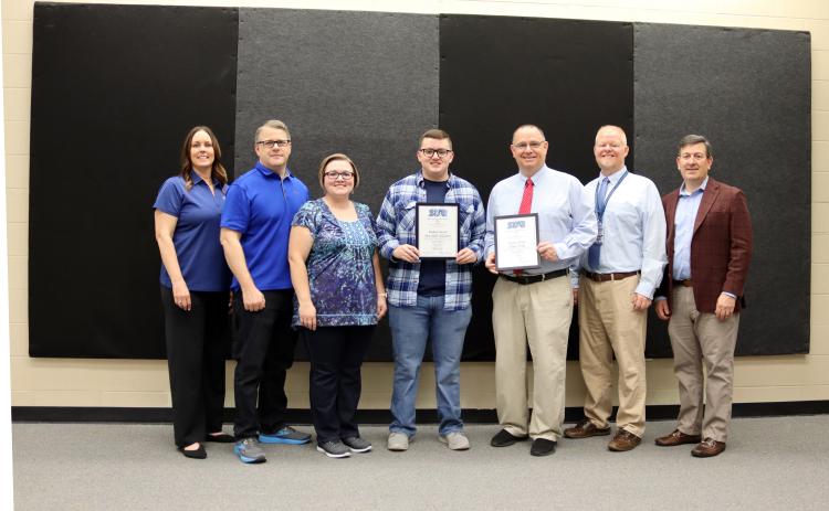 STAR Student and Teacher awards were recently presented at ECCHS. On-hand for the presentation were (L-R) Chamber of Commerce Executive Director Rebecca Long, J. Brian Williams, Lacy Williams, STAR Student Asa Williams, STAR Teacher Alton Smith, ECCHS Principal Josh Rider and Chamber of Commerce Chair Tyler Taylor. (Photo by Weeks)