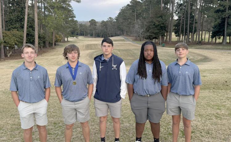 Madden Drake, Kale Kurtz, Nolan Henderson, Caleb Burton and Carson Amabile finished sixth out of 21 teams at the West Georgia Invitational in LaGrange March 8. Kurtz finished with the sixth-lowest score of the tournament and was selected for the All-Tournament team. (Photo courtesy of Elbert County Golf)