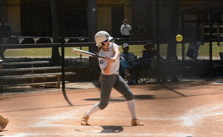 Bellamy Nash swings at a pitch during Elbert’s win over Hart County April 17. (Photo by Benjamin London - The Hartwell Sun)