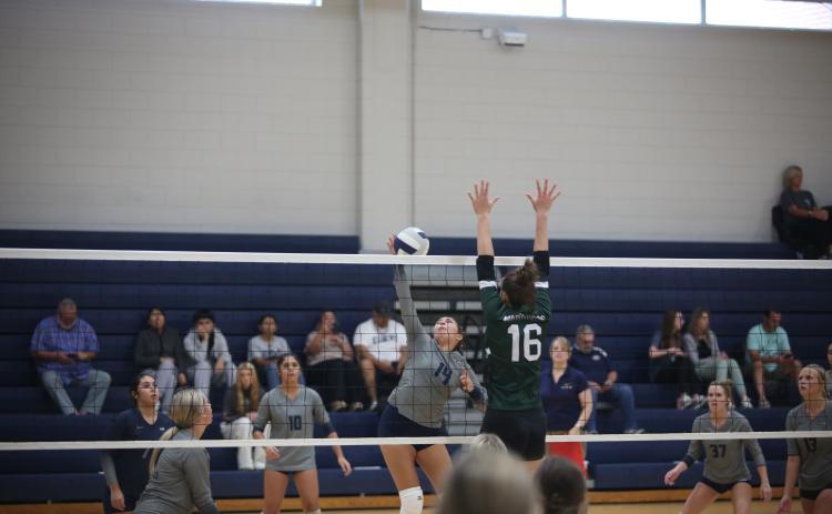 Zurina Dillard spikes the ball past a Walnut Grove player during Elbert’s match against the Lady Warriors Aug. 28. (Photo by Bo Underwood)