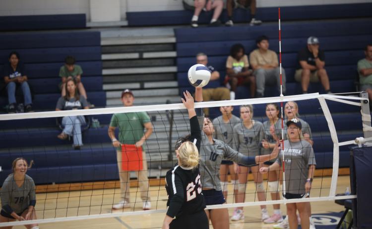 Elbert County freshman Alexa Vargas (10) hits the ball over the net during a match against Rabun County on Sept. 16. (Photo by Bo Underwood).