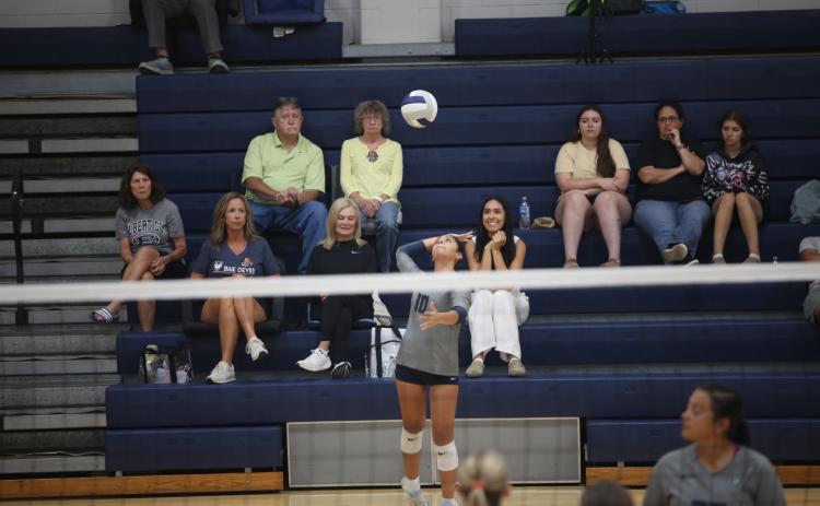 Elbert volleyball freshman Alexa Vargas (10) serves the ball. (File photo by Bo Underwood)