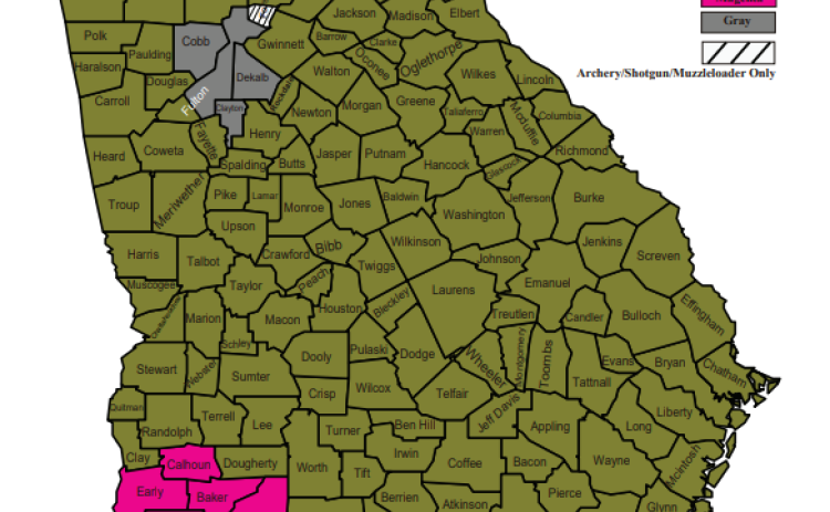 Counties in green, including Elbert County, are getting the rare opportunity to hunt antlerless deer with firearms on private land Oct. 4 and Oct. 5. (Photo courtesy of Georgia DNR)