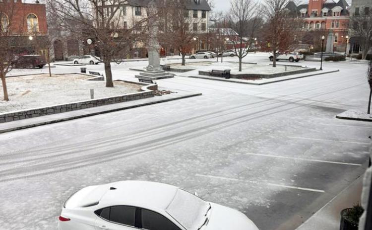The view from the historic Bailey Building on the downtown square shows Elberton's downtown square covered in ice and snow after Winter Storm Fern came through Elbert County Sunday. (Photo by Lindsay Herring)