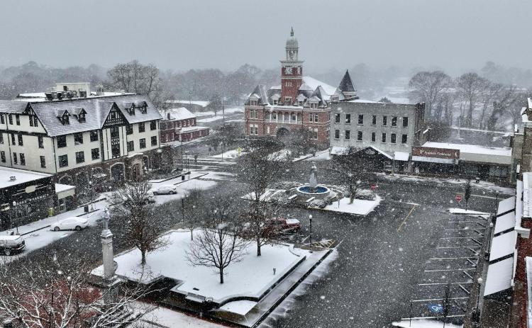 Aerial photos of the downtown square show the snowfall that came through Elbert County over the weekend. The winter storm was the second in two weeks. (Photo courtesy of Joe Dawson)