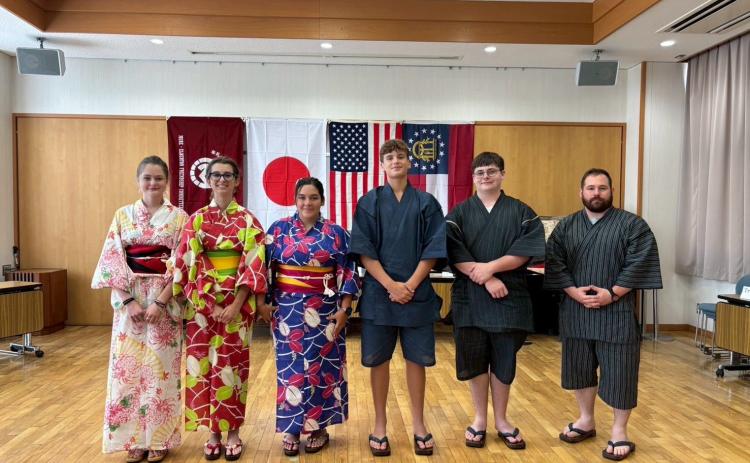 The 2025 group of sister city exchange students pose in traditional Japanese attire during their trip. (Photo by Megu Mi Ohta)