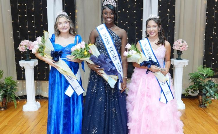 DaNyia Little (middle) was crowned Miss ECMS while Gracie Madrigal (right) was named the seventh grade representative and Rease McElroy (left) was named the sixth grade representative. (Photo courtesy of Liza Miller)