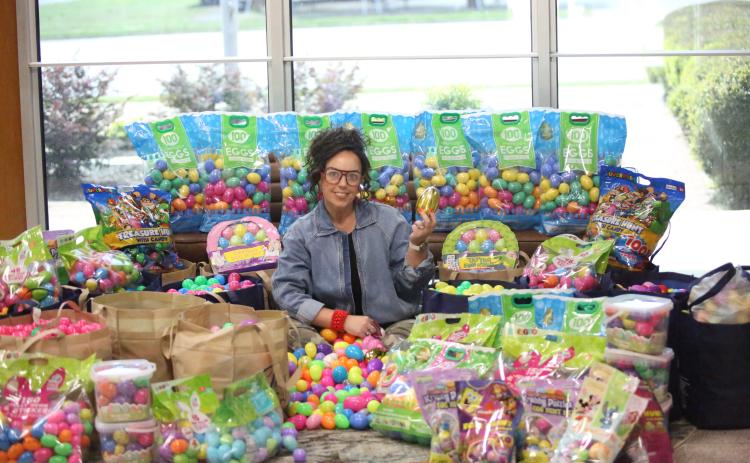 Main Street Elberton's Crystal Beebe sits with over 8,000 eggs that are ready to be hidden as part of Main Street's annual Easter Eggstravaganza. The event is scheduled for April 2 at 6:15 p.m. at Sutton Park (Photo by Bo Underwood)