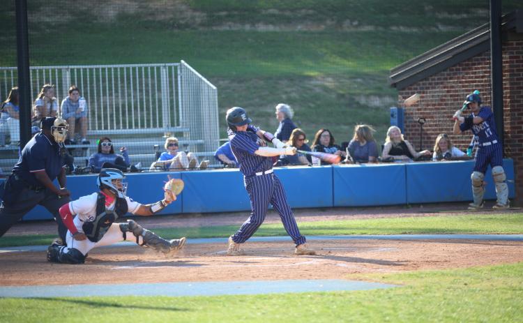 Alex Higginbotham hits a home run in Elbert’s win over Banks County on April 7. (Photo by Bo Underwood)