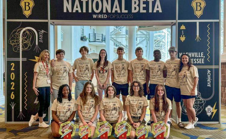 The Elbert County Comprehensive High School Beta Club won a host of awards at the annual National Convention held June 16 through June 20. Pictured alongside their awards are (front row, L-R) Jurnee Porter, Marley Geyer, Kaylee Harvey, Kennedy Ray, Sequoia Singleton and (back row, L-R) Marie Roach, Tristan McCall, Jibril Engelhardt, Peyton Roach, Harrison Ray, Ty Johnson, Avery Newman, Mitchell Wheeler and Megan Ray. (Photo courtesy of Marie Roach)