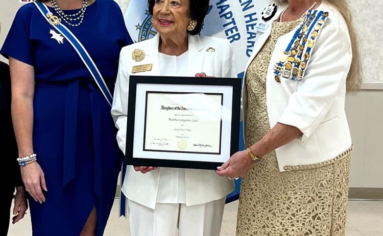 Martha Langston Lutz was recognized by the National Society Daughters of the American Revolution for 65 years of service. (Photo courtesy of NSDAR)