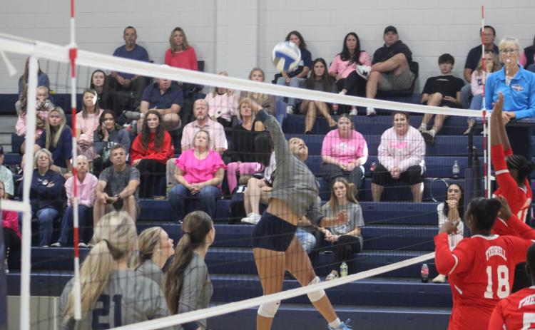 Melanie Badillo skies at the net to give Elbert County an 11-4 lead in the second set of their series with Therrell.