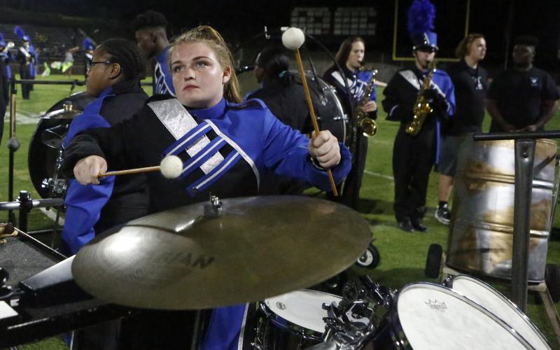 Blue Devil Marching Band percussionist Jacy Burden performs during halftime of the Elbert County-Washington Wilkes game Aug. 30 in the Granite Bowl. (Photo by Cary Best)