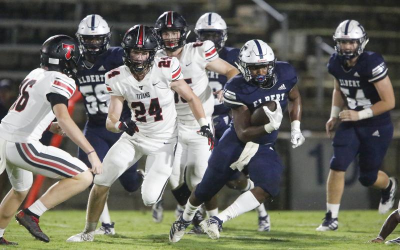 Blue Devil junior running back C.J. Tate returns a kickoff to the 44-yard line in the second quarter in Elbert County’s 28-24 home loss to North Oconee Sept. 13 in the Granite Bowl. (Photo by Cary Best)