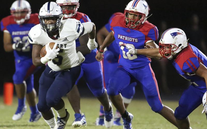 Blue Devil junior running back C.J. Tate rushed for 42 yards and scored a touchdown on a 60-yard pass during Elbert County’s 63-0 region-opening win at Oglethorpe County Sept. 20 in Lexington. (Photo by Dan Giles)