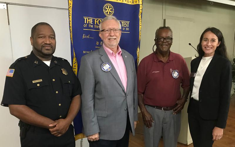 Capt. Darin Rucker (left) was a recent speaker at the Rotary Club of Elberton at the Elberton Country Club. Shown with Rucker are Rotarians (L-R) Mat Hunt, John Hubbard and Leslie Friedman. (Photo by Jones)