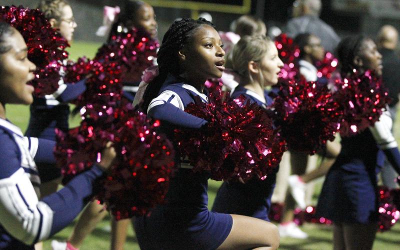 Blue Devil cheerleader Nitia Fortson (center) performs Friday night during Elbert County’s Region 8-AA showdown with Rabun County Oct. 18, 2019 in the Granite Bowl. (Photo by Cary Best)