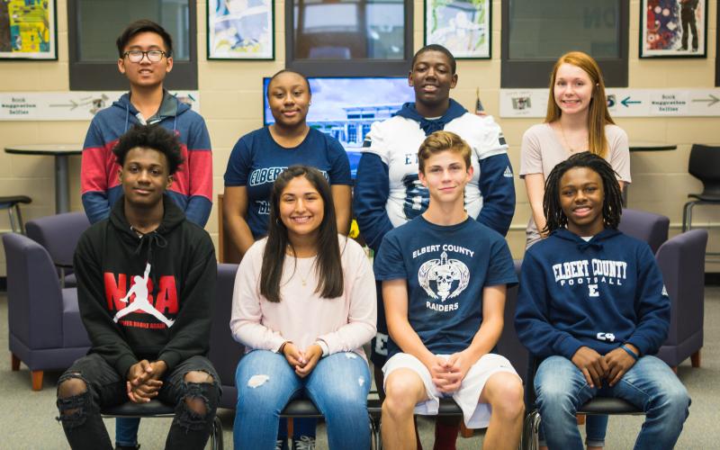 September’s Students of the Month at Elbert County Comprehensive High School are (front, L-R) Kobe Fouch, Melanie Guerrero, Nicholas Smith, Bry'Shun Roebuck, (back, L-R) Khang Vu, Katrina Bradford, Marquaveon Johnson, and Ashton Rousey. (Special Photo by Dot Rutherford)