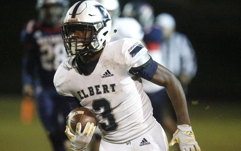 Blue Devil senior running back Shun Allen rushed for 177 yards and four touchdowns in Elbert County’s 56-7 win at Putnam County Nov. 1 in Eatonton. (Photo by Cary Best)  