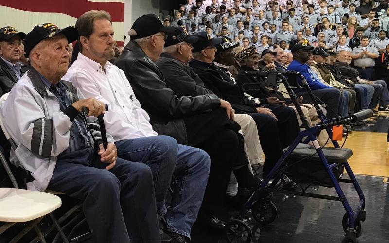 Guests of the Veterans Day program at ECCHS included World War II veteran Jesse Burdette (left) program by his son, Ralph (right)