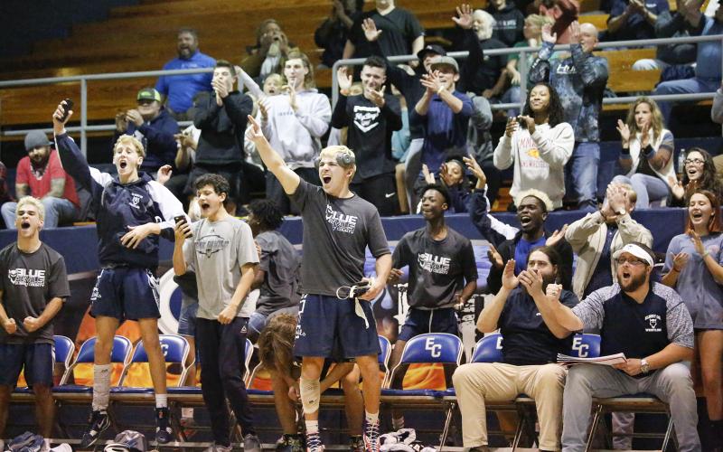 Mat Devil wrestlers, coaches and fans react to heavyweight Qwen Moss pinning Justin Tillman during Elbert County’s 47-13 victory over Crescent High School of Iva, South Carolina in the Inferno Dec. 17 in Elberton. (Photo by Cary Best)