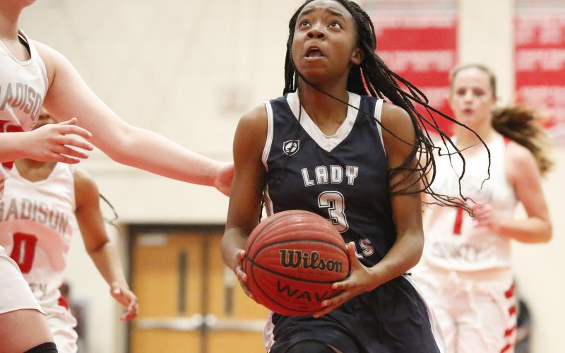Lady Blue Devil freshman shooting guard Aaniah Allen scored 13 points during Elbert County’s 63-46 loss at Madison County Dec. 6 in Danielsville. (Photo by Cary Best)