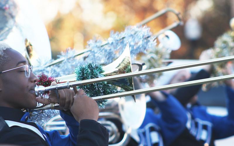 Elbert County Comprehensive High School’s Marching Band member Javion Teasley performs in a pep rally after the Elberton Christmas parade on Dec. 1.