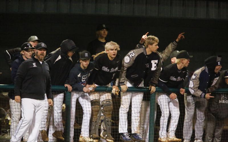 Diamond Devil head coach Lance Ingram and players (L-R) Storm Mills, Branson Mills, Austin Duck, Caden Brown, Cole Hudson, Jordan Mills, Carter Dye, Carson Adams and Kyle Moon react to tying the Eagles 3-all during the fourth inning of Elbert County’s 5-4 loss to Athens Christian Feb. 21 in Athens. (Photo by Cary Best)