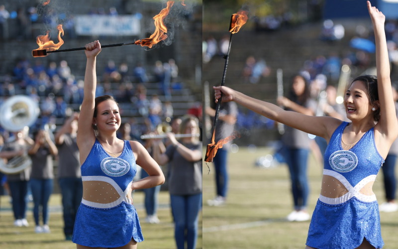 The Elbert County Blue Devil Marching Band performed and set the place on fire. Shown performing with flaming batons are twirlers Cile Hall (left) and Audrey Poon (right). In the end, the Blue Devils lost to Bremen 28-21 in a thrilling finish to the 2020 season. (Photos by Scoggins)
