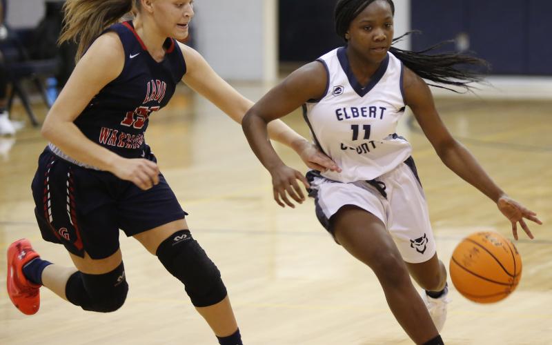 Sophomore Terrace Hester scored 11 of the Lady Devils’ 65 points against Grovetown Dec. 12 in the Elbert County Middle School gym. (Photo by Scoggins) 