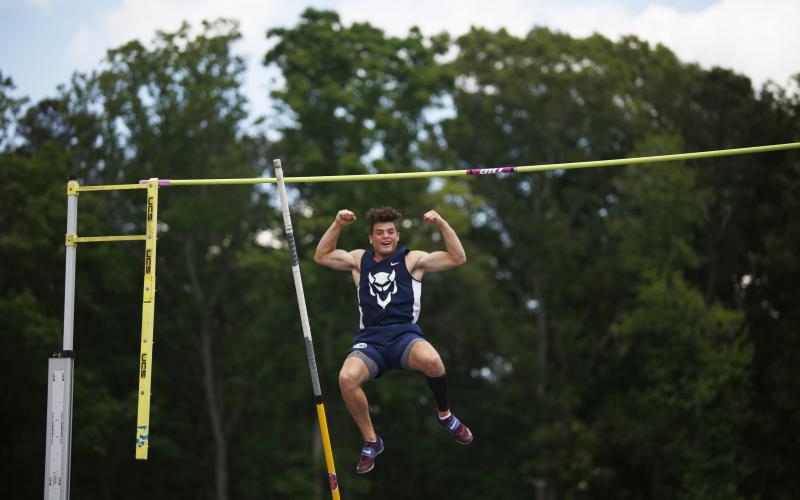 Senior Thomas Vaughn reacts to claiming the AA pole vault state championship Friday, May 14 at McEachern High School in Power Springs. Vaughn finished by clearing 14 feet and is the first state champion pole vaulter in Elbert County. (Photo by Scoggins) 