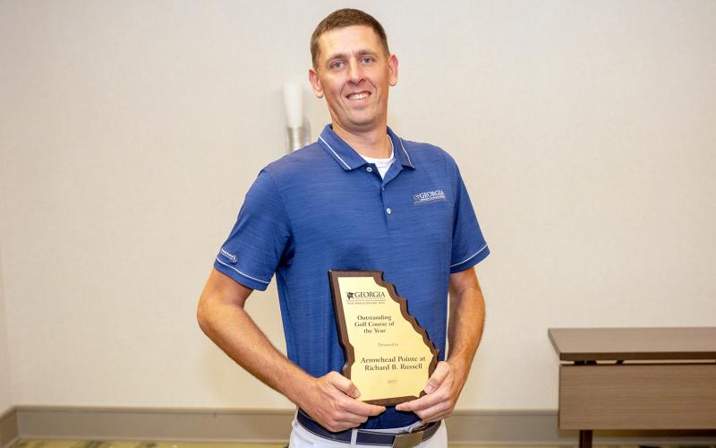 Pictured receiving the Georgia Department of Natural Resources’ Outstanding Golf Course of the Year is Arrowhead Pointe Golf Course Manager Barry Johnston. 