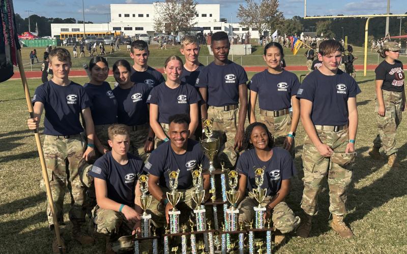 the Elbert County Raiders mixed team poses with trophies won during the State Raider Meet held in Griffin Oct. 28. Pictured are (front row, L-R) Wyatt Stelter, Jamaze Hall and Mekelliya Tukes; (back row, L-R) Tyson Haigood, Eva Garcia, Linda Garcia, Colton Mabry, Isabella Harpold, Tommy Beahringer, Brytravious Harper, Allison Medina and Josiah Harkins. (Photo submitted by Scott Harpold)