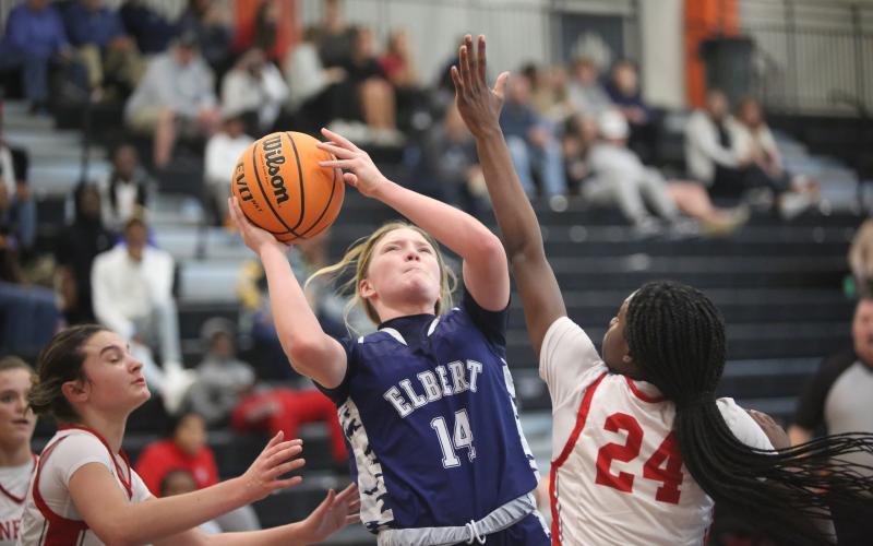 Audrey Lunsford drives to the basket in Elberts game against Wade Hampton. (Photo by Wells)