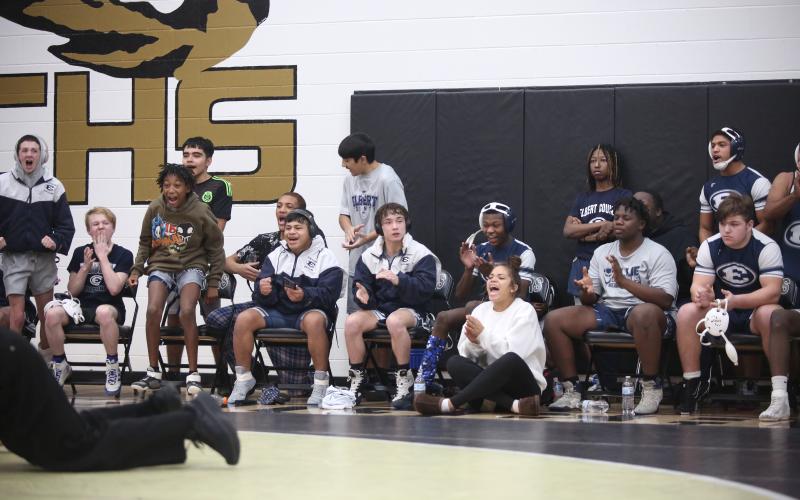 The Elbert bench reacts after teammate Brycin Hughes pins a Towns County wrestler during the area championship Jan. 13 at Commerce High School. (Photo by Wells)