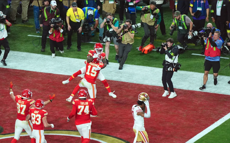 Hardman and Mahomes celebrate the win. Hardman has now won three Super Bowl titles with the Chiefs, two of which are back-to-back wins in the 2023 and 2024 Super Bowls. (Photo courtesy of the Kansas City Chiefs at Chiefs.com.) 