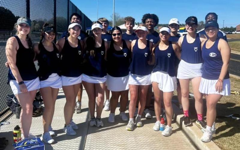 The Blue Devils and Lady Devils tennis team pose for a team picture prior to their March 14 match against Rabun County at Elbert County Middle School. The Lady Devils team features Jude Sanders, Katie Nguyen, Audrey Poon, Myla Warwick, Breanna Pulliam, Emma Ray, Gracie Kidd, Peyton Howell, Dessie Lee Santiago, Stephanie Cortez. The Devils team features Ty Johnson, Grant Owens, Landon Bowman, Bryan Bernal, Bryce Howe, Travis Allen and Jashon Jenkins. (Photo courtesy of Elbert County True Blue)